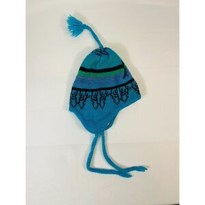 Vintage Smiley 100% Wool Blue Mountain Ear Flap Toque Beanie Tassels 1990s